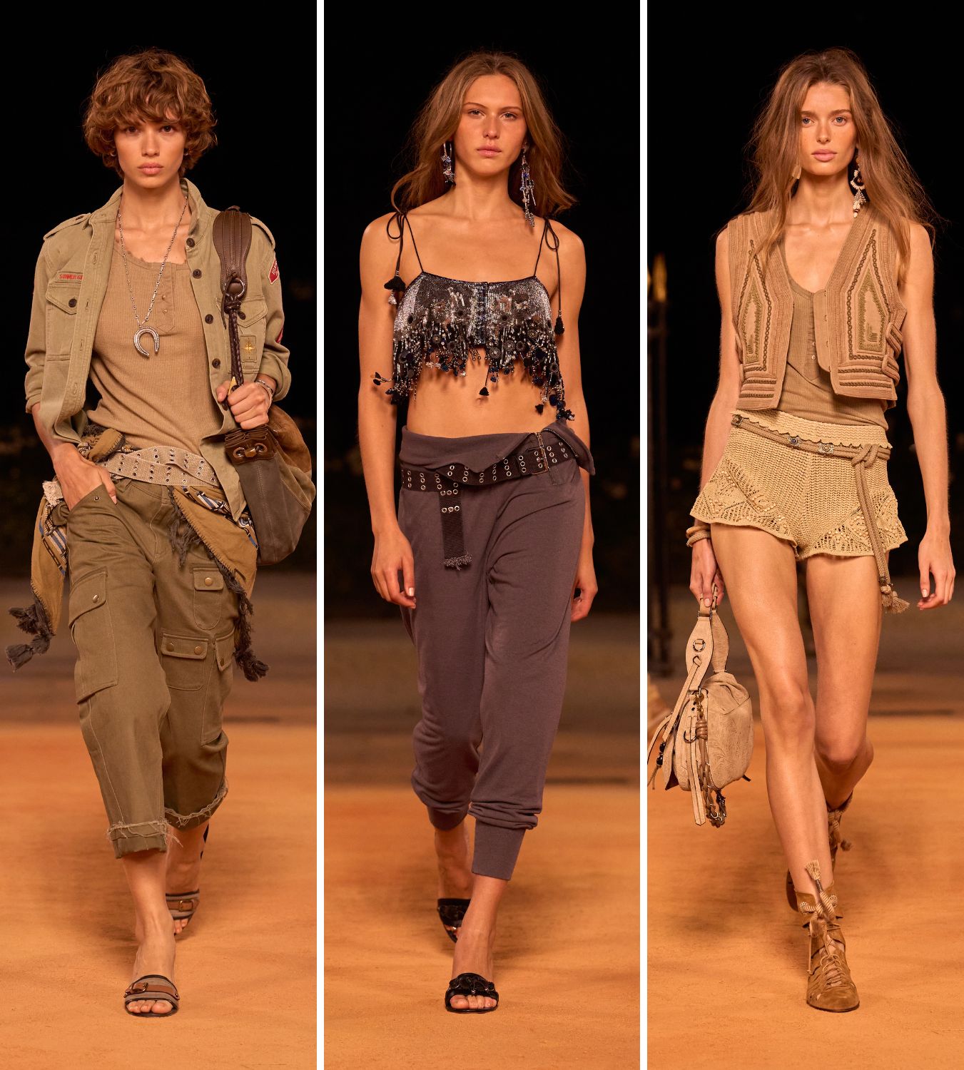 three models on the isabel marant ss26 runway