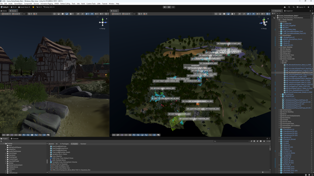 Development software screens from a horror game showing a farmland level in the making