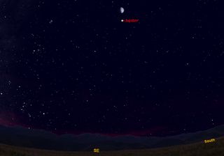 This sky map shows where to look to see the moon and Jupiter together in the night sky on Jan. 2, 2012.
