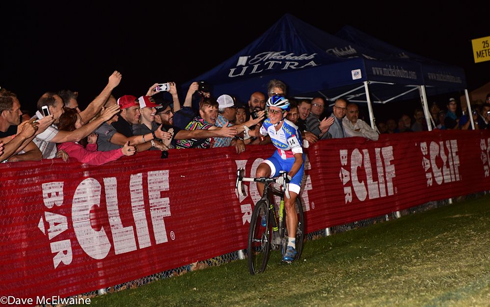 As is her custom, Katerina Nash (Luna Pro Team) celebrates with the crowd during her fourth win at Cross Vegas