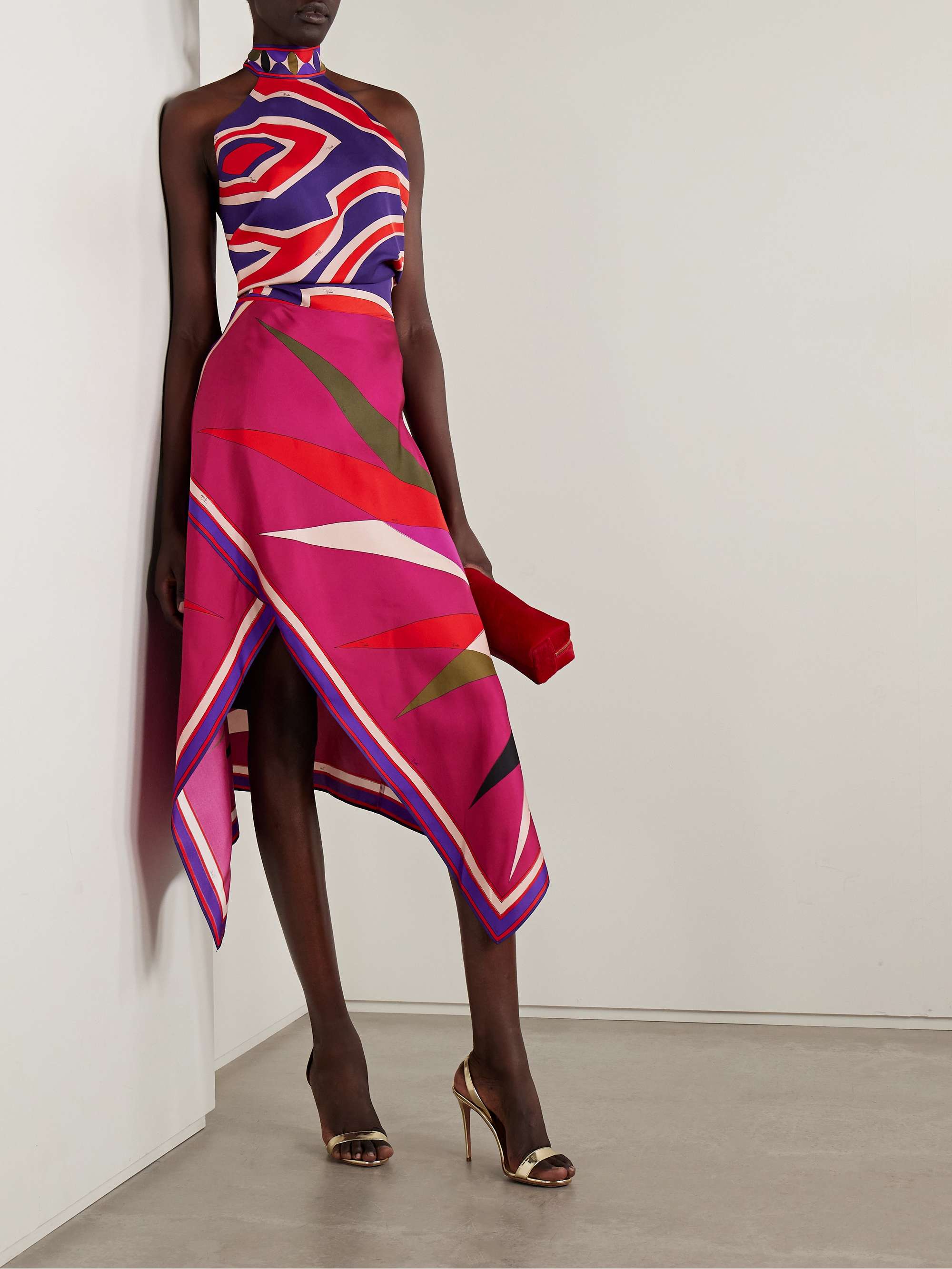 Asymmetric Printed Silk-Twill Maxi Skirt