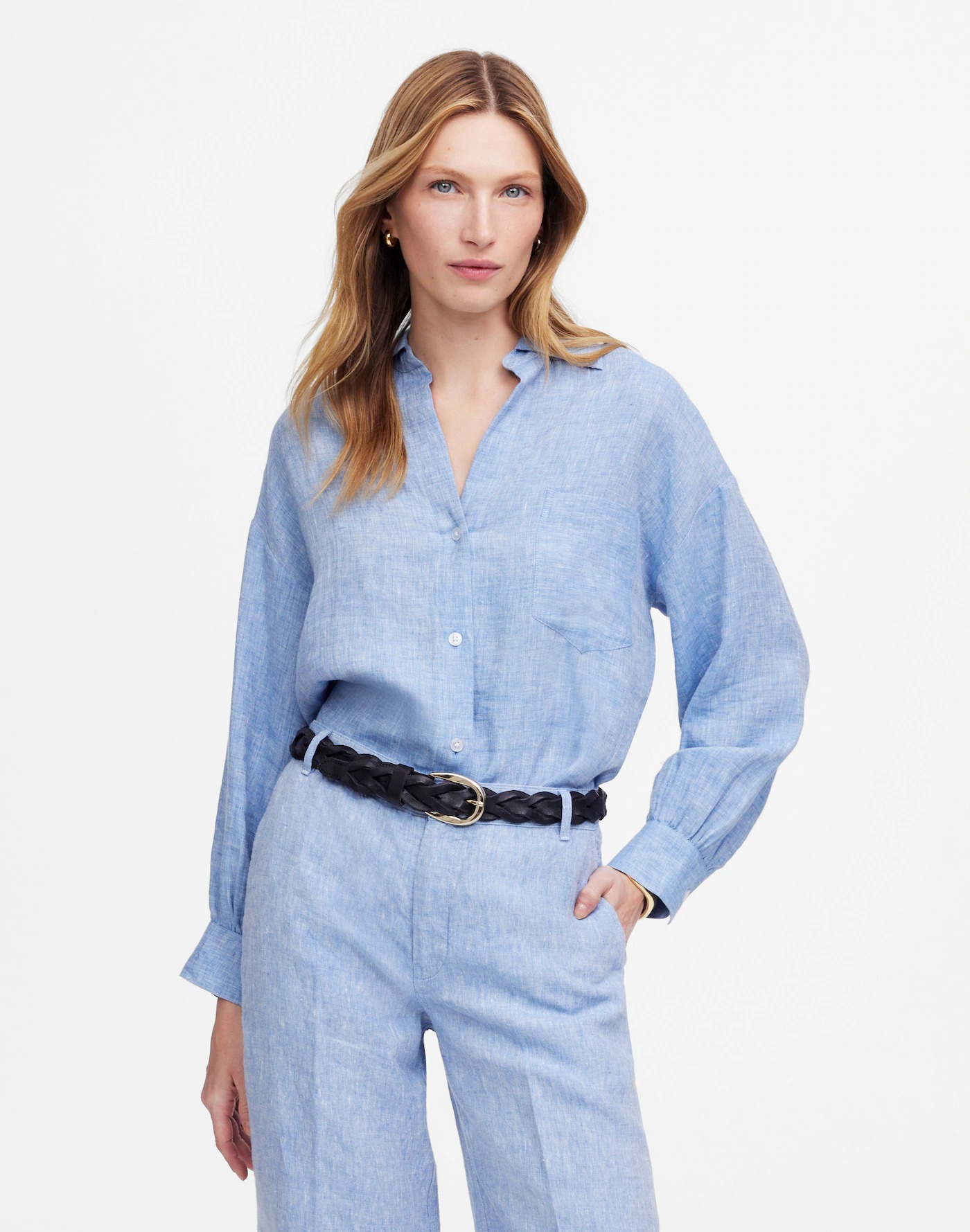 MW, Shirred Button-Up Shirt in Linen-Cotton