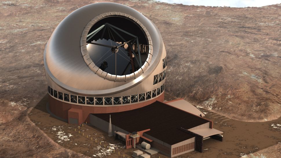 A rendering of a metallic dome in a rocky, slightly sandy-looking area. A large mirror is visible inside the dome.