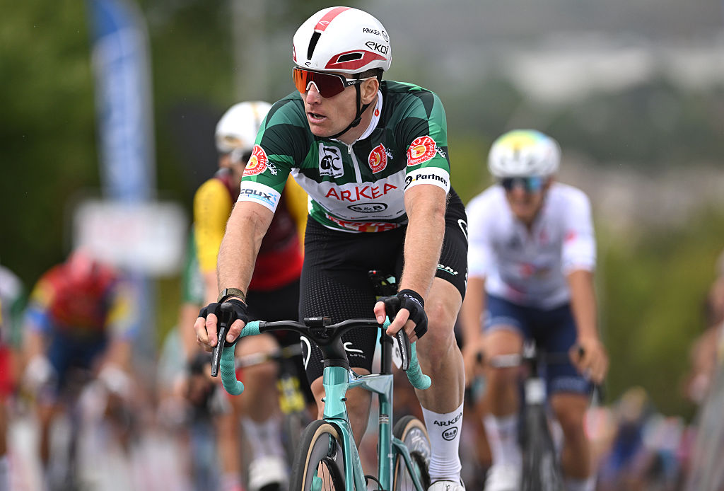 GOND-PONTOUVRE, FRANCE - AUGUST 27: Arnaud Demare of France and Team Arkea - B&amp;amp;B Hotels - Green Points Jersey crosses the finish line on second place during the 39th Tour Poitou - Charentes en Nouvelle Aquitaine 2025, Stage 2 a 175.5km from Jonzac to Gond-Pontouvre on August 27, 2025 in Gond-Pontouvre, France. (Photo by Luc Claessen/Getty Images)