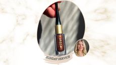 A marble backdrop with an image of beauty editor Fiona McKim, smiling with blonde hair in a green blazer, next to a hand holding stila stay all day inkwear liquid eyeliner in Bronze blaze