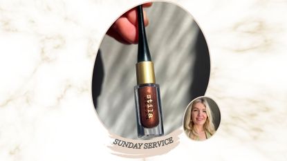 A marble backdrop with an image of beauty editor Fiona McKim, smiling with blonde hair in a green blazer, next to a hand holding stila stay all day inkwear liquid eyeliner in Bronze blaze