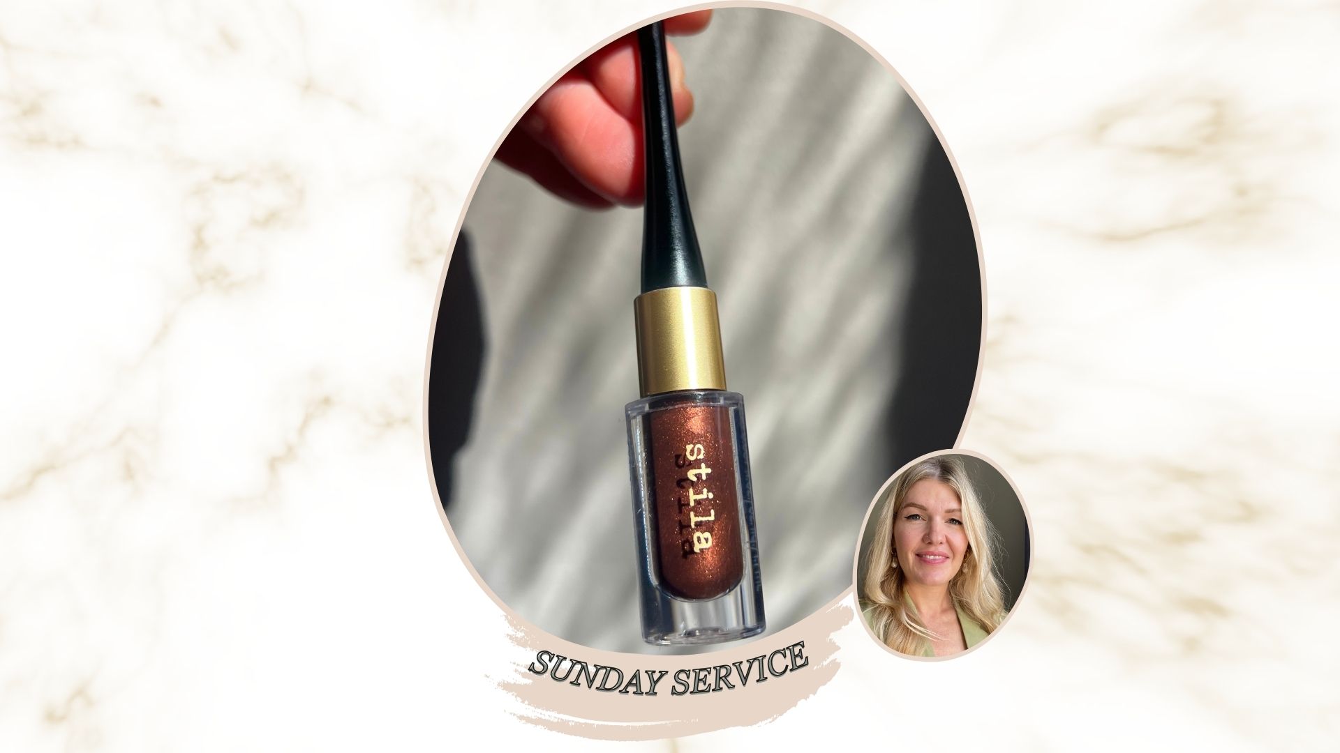 A marble backdrop with an image of beauty editor Fiona McKim, smiling with blonde hair in a green blazer, next to a hand holding stila stay all day inkwear liquid eyeliner in Bronze blaze