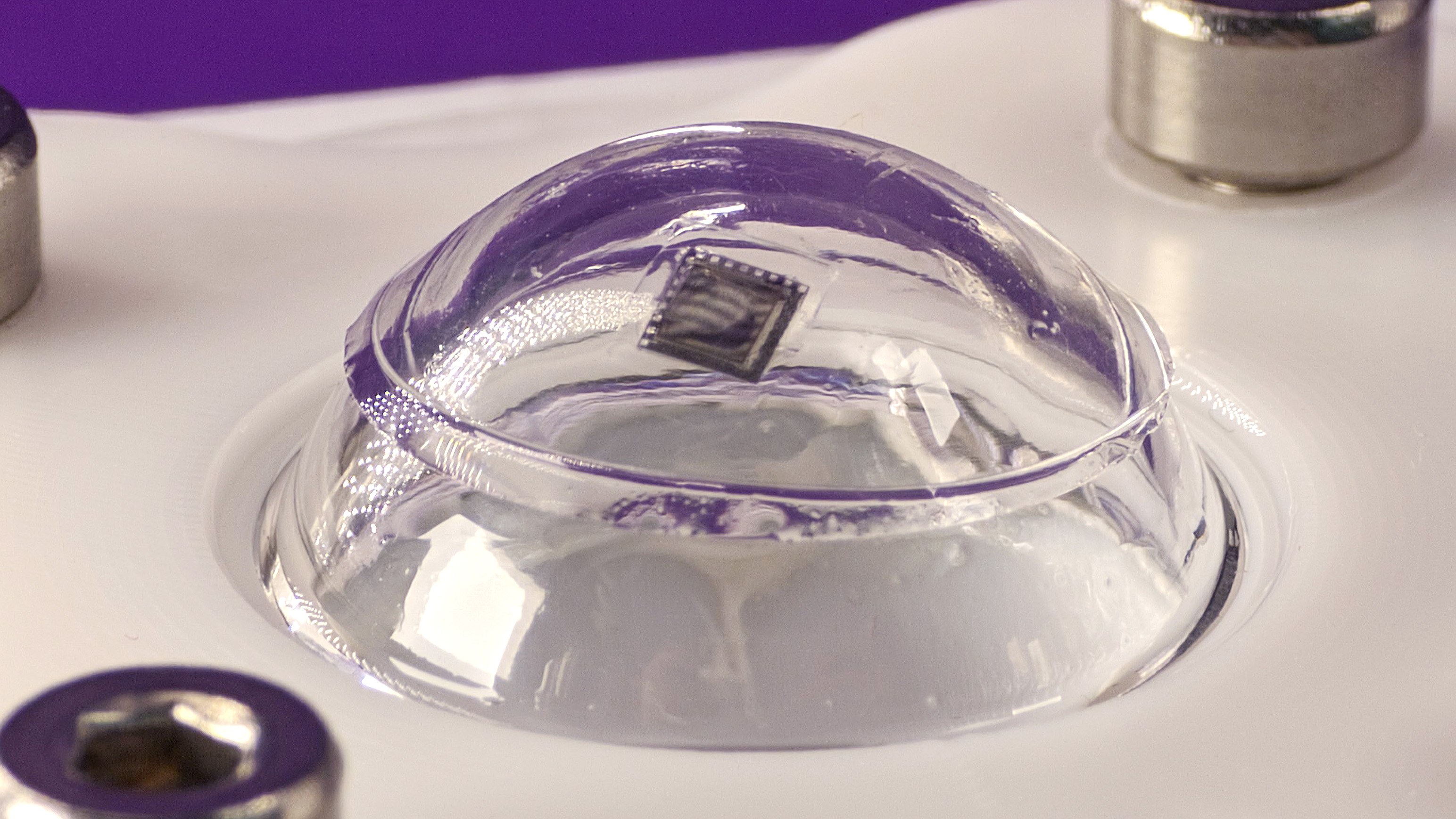 Close-up of an Xpanceo smart contact lens prototype