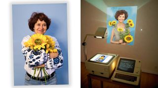 A person holding sunflowers next to a projected AI-generated image of a person holding sunflowers 