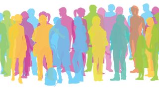 A vector silhouette illustration of a multi-coloured crowd of people including young adults, teenagers, mature adults, and children.