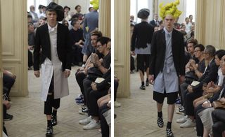 Two images of male models wearing clothing by Comme des Garçons in black and white.