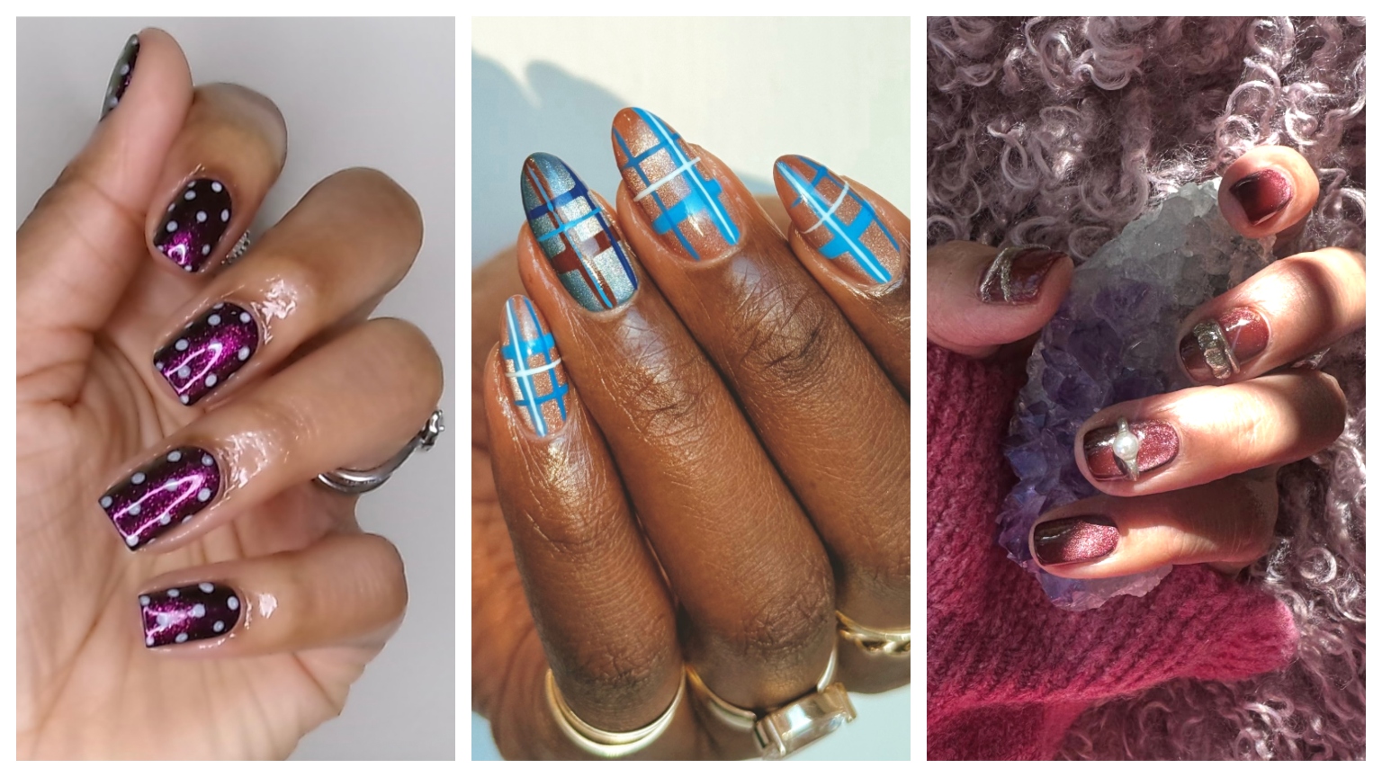 three photos of nail art designs side by side