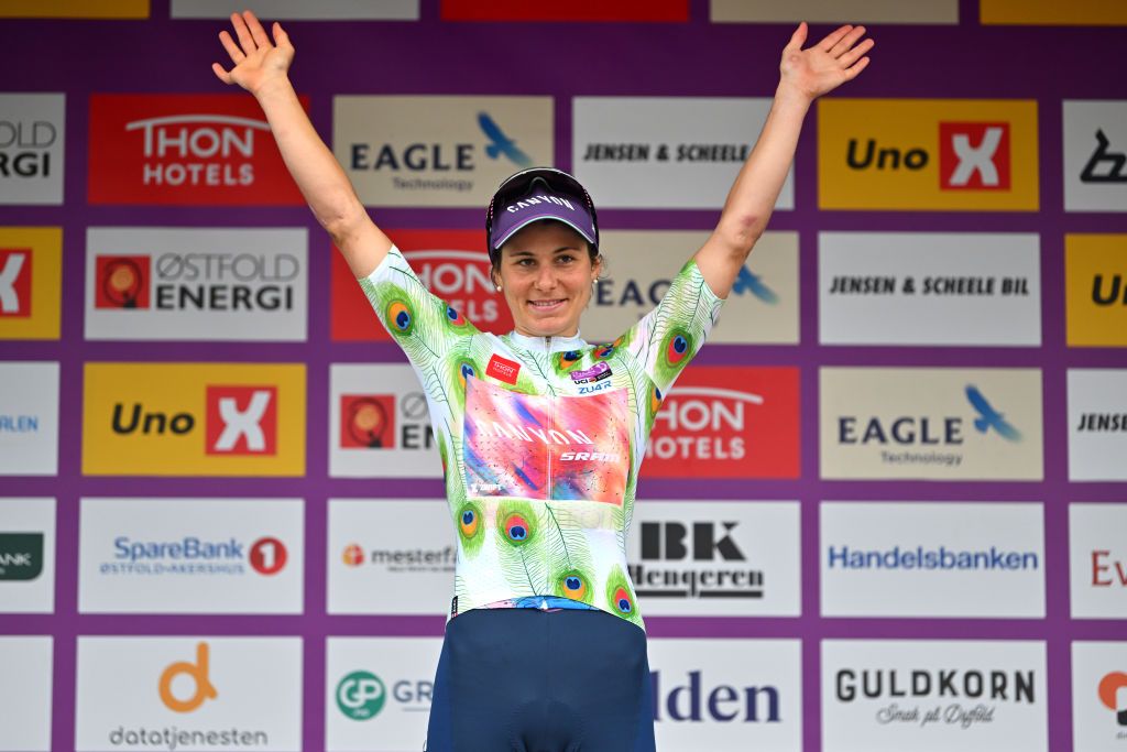 LARVIK NORWAY AUGUST 25 Elise Chabbey of Switzerland and Team CanyonSram Racing Polka Dot Mountain Jersey celebrates at podium during the 9th Tour of Scandinavia 2023 Battle Of The North Stage 3 a 1349km stage from Kongsberg to Larvik UCIWWT on August 25 2023 in Larvik Norway Photo by Luc ClaessenGetty Images