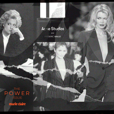 A montage of black and white imagery, including catwalk images of models in the 80's and 90's, including Claudia Schiffer, Helena Christensen and Kate Moss, collaged with a still from Working Girl and bottles of perfume artfully layered, with the words THE POWER ISSUE and the Marie Claire logo in a bright bold orange colour