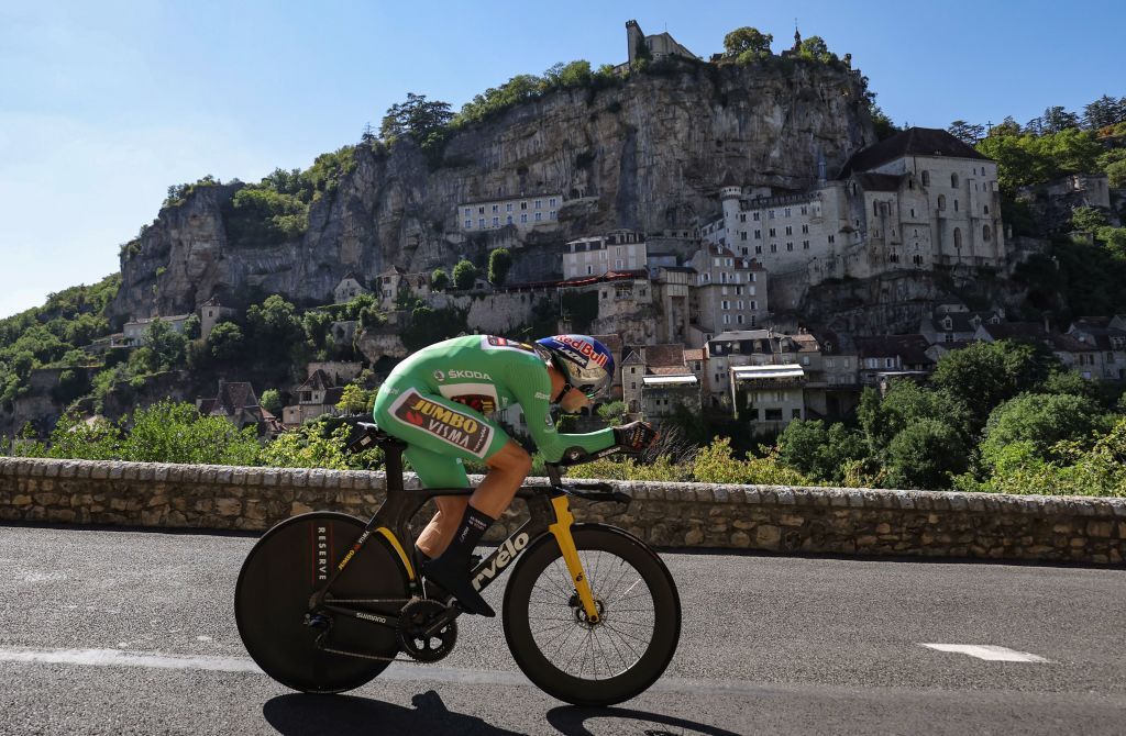 JumboVisma teams Belgian rider Wout Van Aert wearing the sprinters green jersey cycles past the town of Rocamadour during the 20th stage of the 109th edition of the Tour de France cycling race 407 km individual time trial between LacapelleMarival and Rocamadour in southwestern France on July 23 2022 Photo by Thomas SAMSON AFP Photo by THOMAS SAMSONAFP via Getty Images