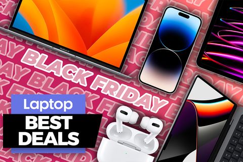 Black Friday text on a pink background with a MacBook, iPhone, AirPods Pro, and an iPad arranged on it