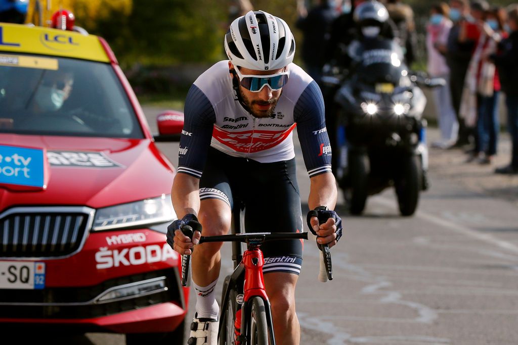 CHIROUBLES FRANCE MARCH 10 Julien Bernard of France and Team Trek Segafredo during the 79th Paris Nice 2021 Stage 4 a 1875km stage from ChalonSurSane to Chiroubles 702m Breakaway ParisNice on March 10 2021 in Chiroubles France Photo by Bas CzerwinskiGetty Images