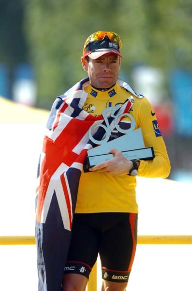 Cadel Evans (BMC) celebrates on the podium in Paris.