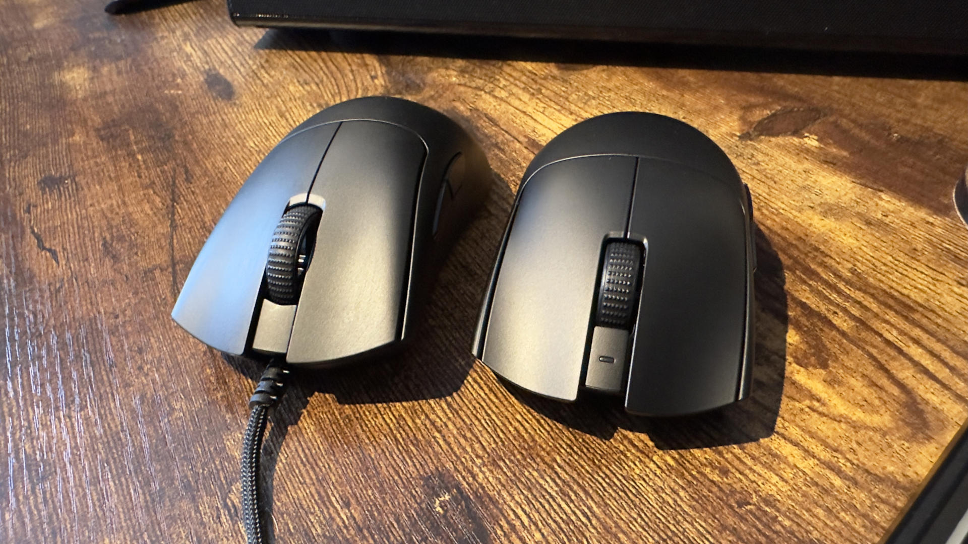 A Razer DeathAdder V3 (left) next to a Razer Viper V3 Pro (right) gaming mouse