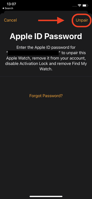 How to unpair Apple Watch - tap unpair
