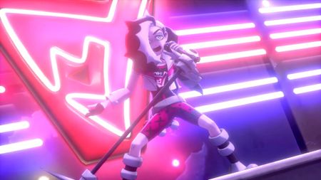 Pokemon Sword and Shield screenshot showing gym leader Piers singing.