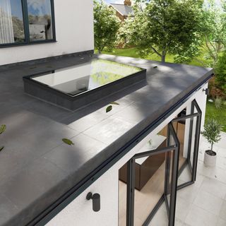 Korniche Flat Glass rooflight on contempary extension with bi-fold doors
