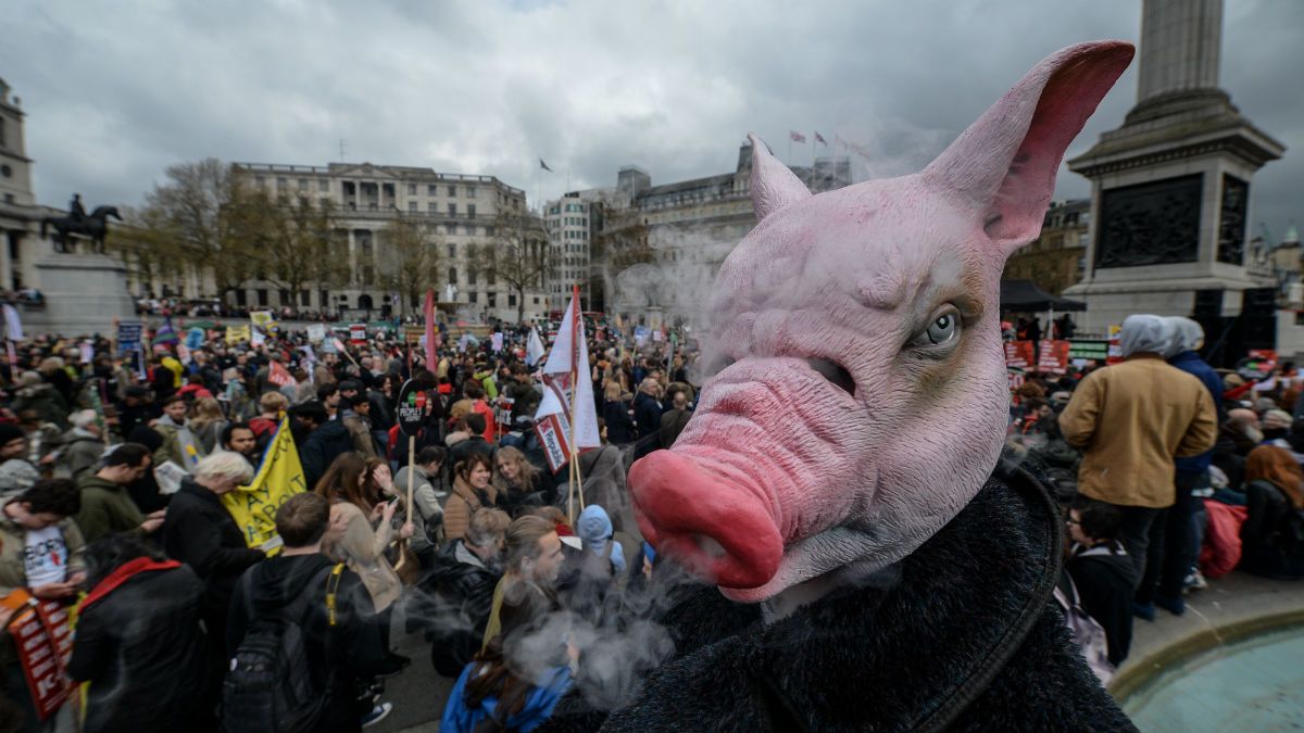 A protester wearing a pig mask blows smoke during a march in London