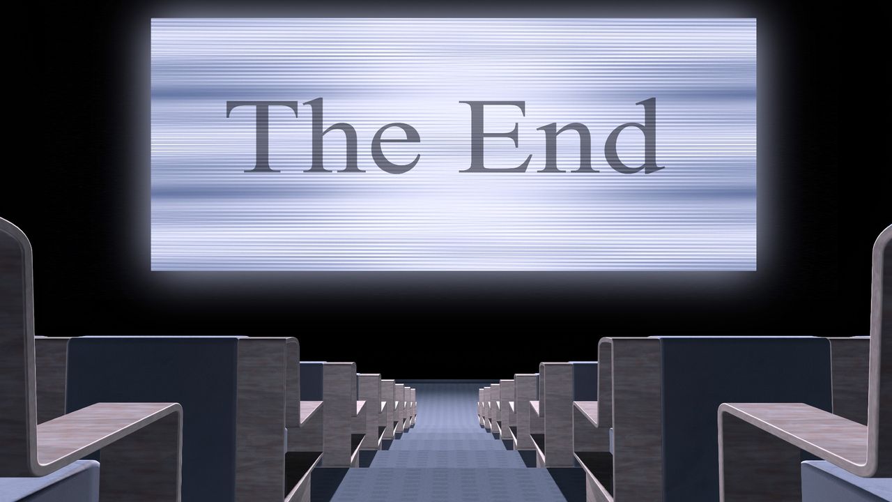 Computer graphic image of a movie theater with empty seats and a screen that says &quot;The End&quot;