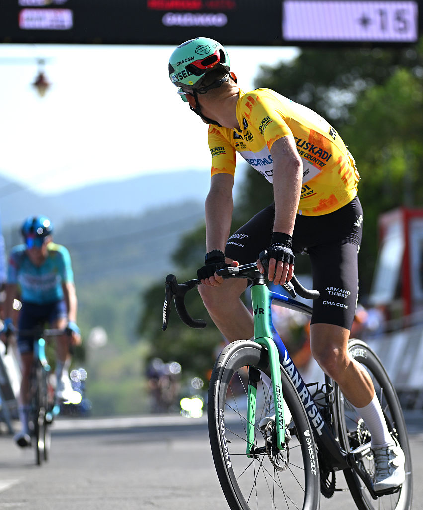GALDAKAO, SPAIN - APRIL 09: Paul Seixas of France and Team Decathlon CMA CGM - Yellow Leader Jersey crosses the finish line during the 65th Itzulia Basque Country 2026, Stage 4 a 167.2km stage from Galdakao to Galdakao on / #UCIWT / April 09, 2026 in Galdakao, Spain. (Photo by Tim de Waele/Getty Images)
