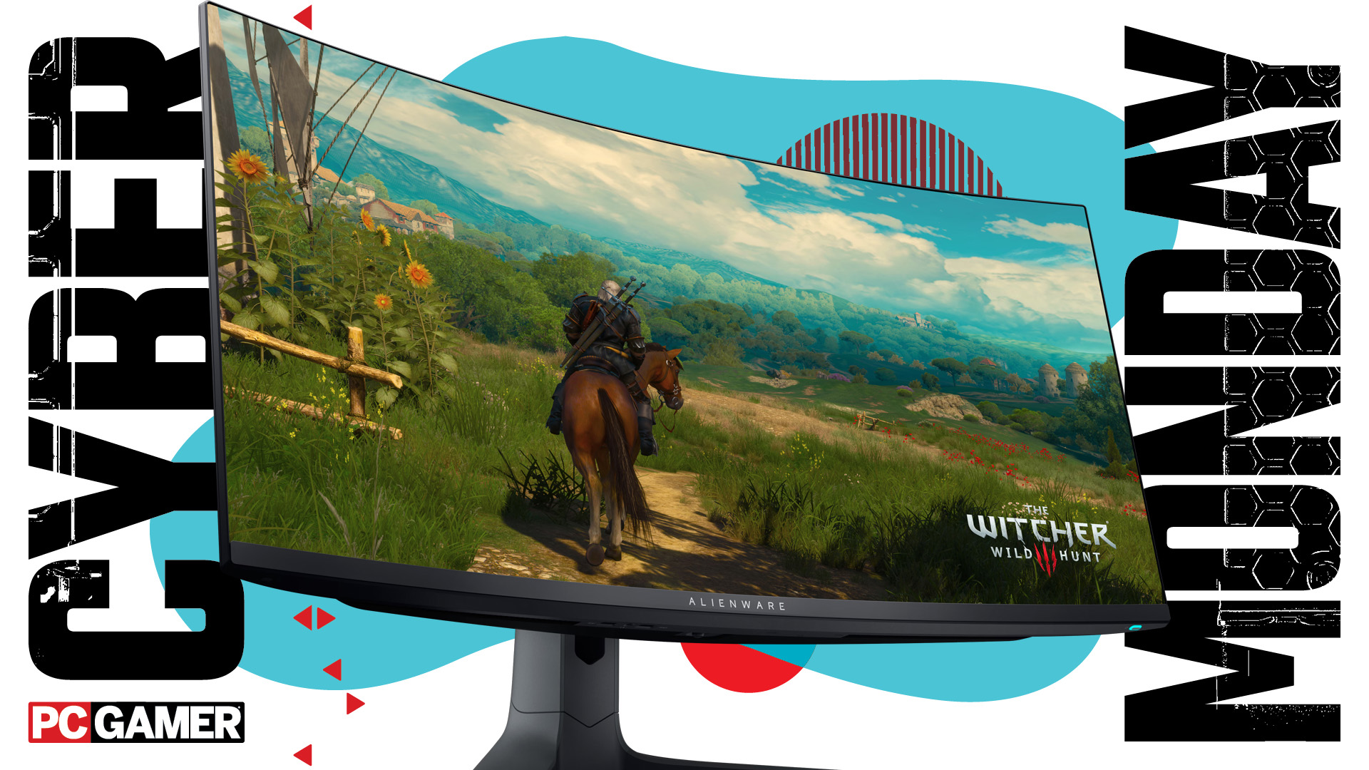 An Alienware gaming monitor on a blue Cyber Monday background.