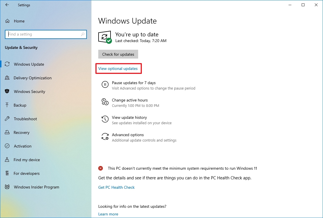 View all optional updates on Windows 10