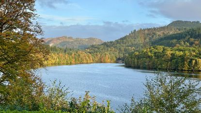 Fall foliage surrounds Loch Tay on a sunny day in Perthshire, Scotland