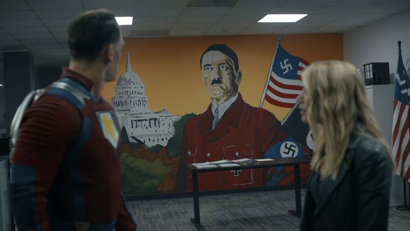 Chris Smith and Emilia Harcourt looking at Earth-X&#039;s Hitler mural in Peacemaker Season 2