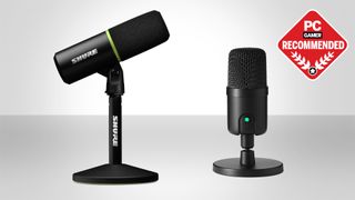 The Shure MV6 gaming microphone and the Amazon Basics USB Condenser Microphone on a silver background, with the PC Gamer recommended badge in the top right