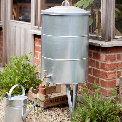 Garden Trading galvanised steel water butt by a greenhouse 