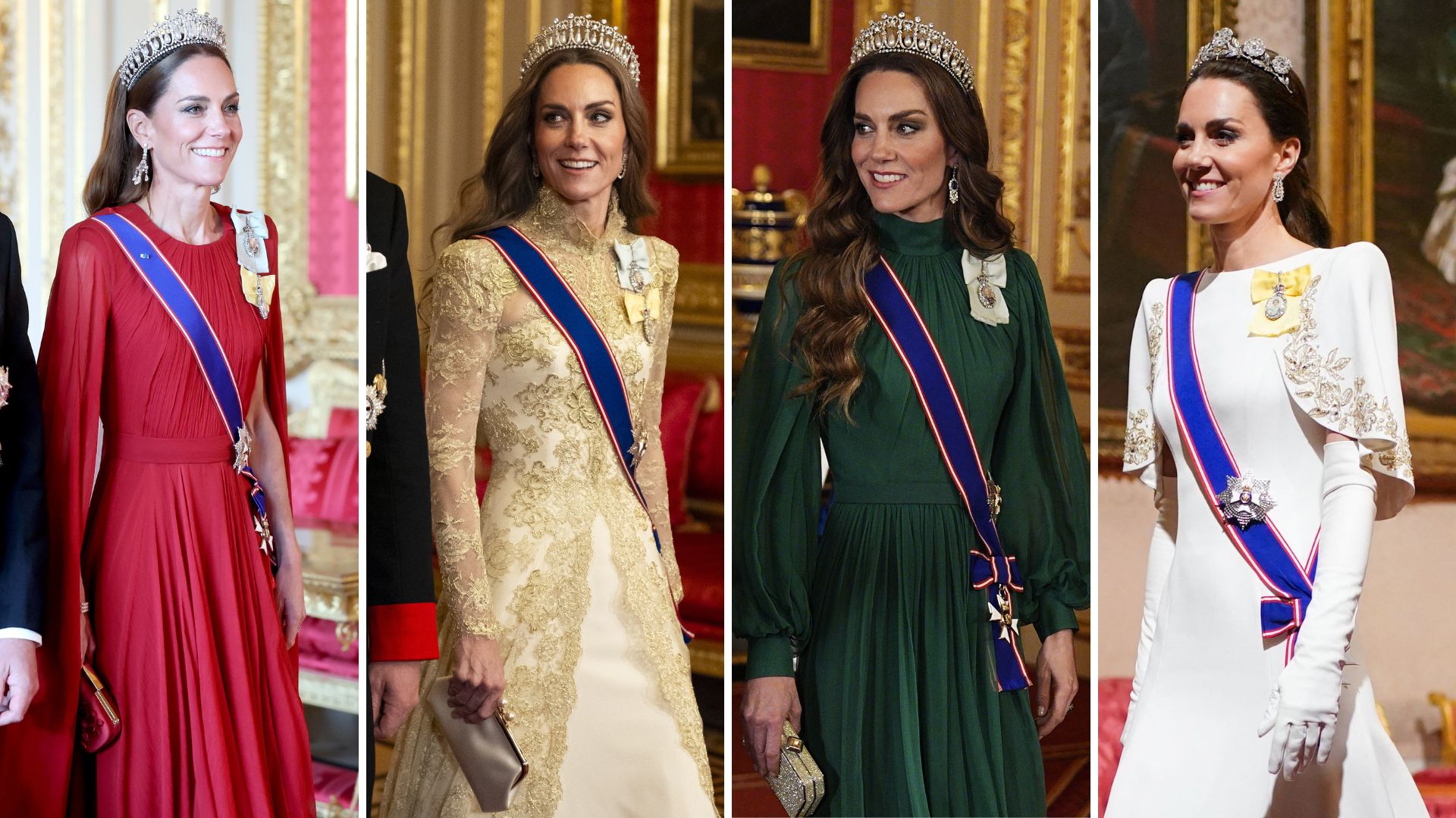 A composite of four pictures of the Princess of Wales wearing her hair loose at four different State Banquets