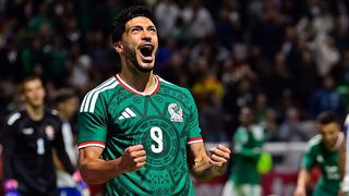 Raul Jimenez of Mexico celebrates after scoring his team's third goal during the international friendly match between Mexico and Serbia.