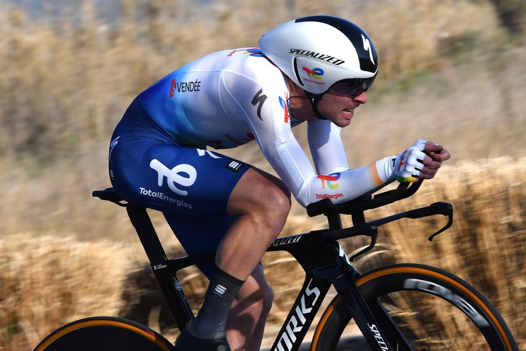 BERRELTANG FRANCE FEBRUARY 10 Pierre Latour of France and Team Total Energies sprints during the 6th Tour De La Provence 2022 Prologue a 71km Individual Time Trial stage from Berreltang to Berreltang TDLP22 ITT on February 10 2022 in Berreltang France Photo by Luc ClaessenGetty Images