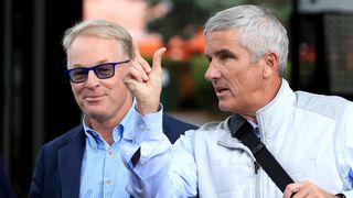 Keith Pelley and Jay Monahan during the BMW PGA Championship at Wentworth