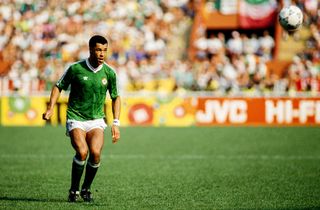Paul McGrath in action for the Republic of Ireland against Romania at the 1990 World Cup.