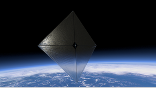 An artist's depiction of a solar sail in orbit around Earth.