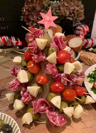 charcuterie tree on a Christmas tablescape