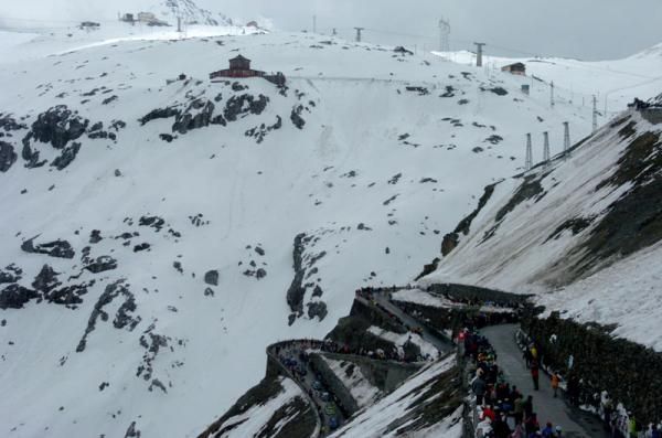 The peloton racing up the Stelvio in 2005