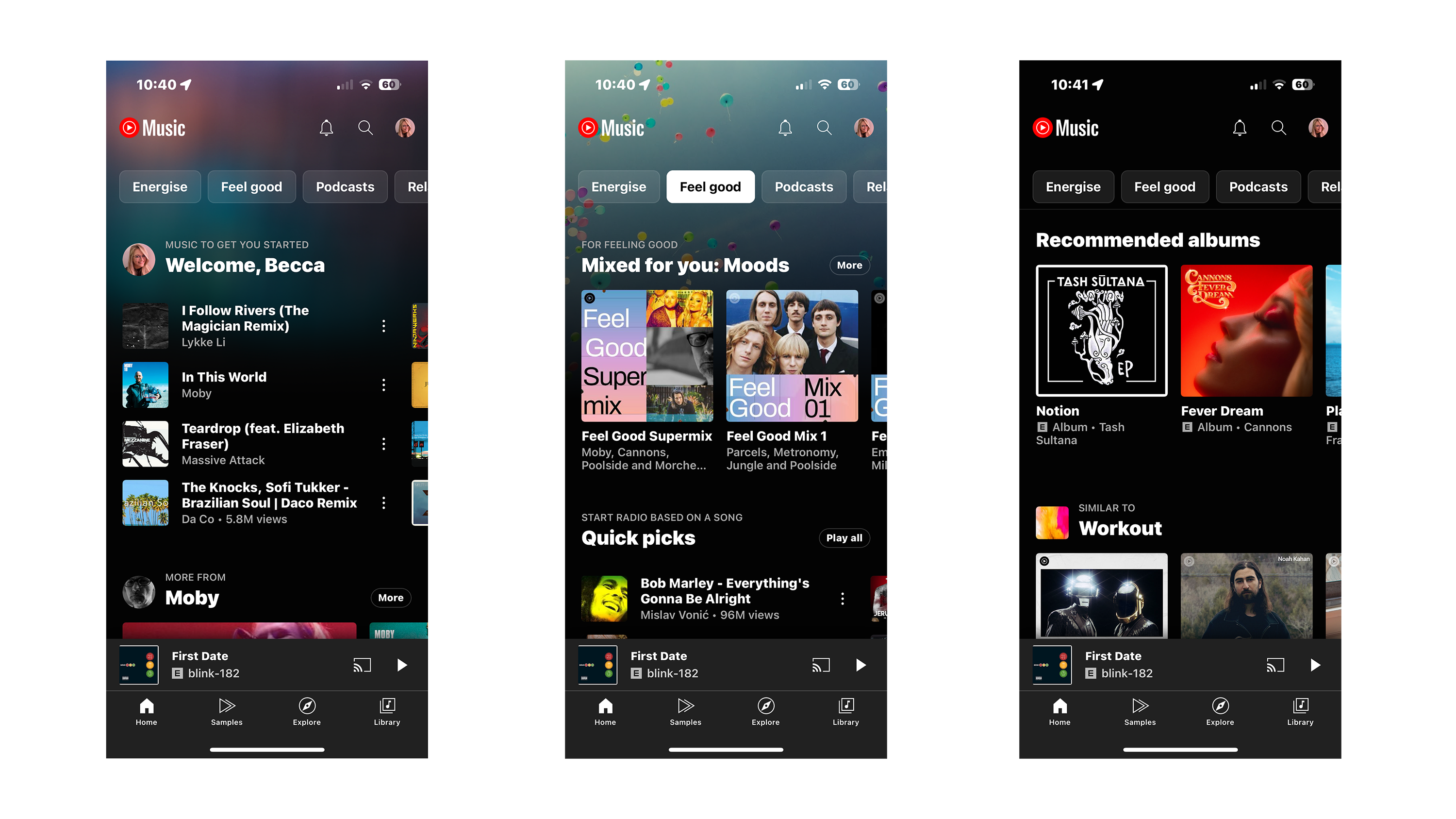 Screenshots of the youtube music app for ios