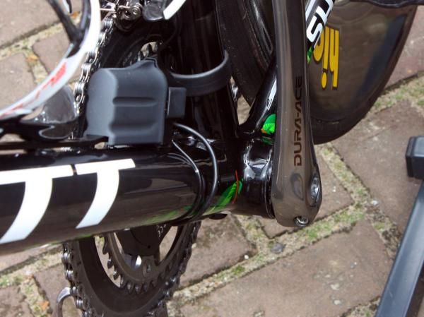 Andre Greipel's (Columbia-HTC) Scott Addict frame uses press-fit bottom bracket cups.