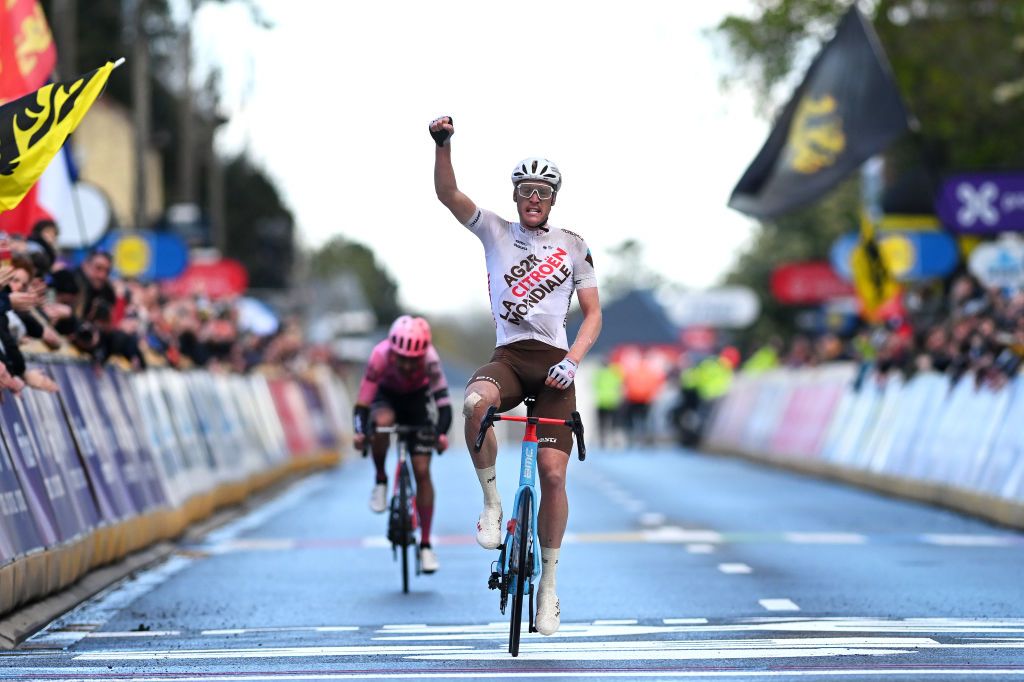 OVERIJSE BELGIUM APRIL 12 Dorian Godon of France and AG2R Citron Team celebrates at finish line as race winner during the 63rd De Brabantse Pijl La Fleche Brabanconne 2023 Mens Elite a 2051km one day race from Leuven to Overijse on April 12 2023 in Overijse Belgium Photo by Luc ClaessenGetty Images