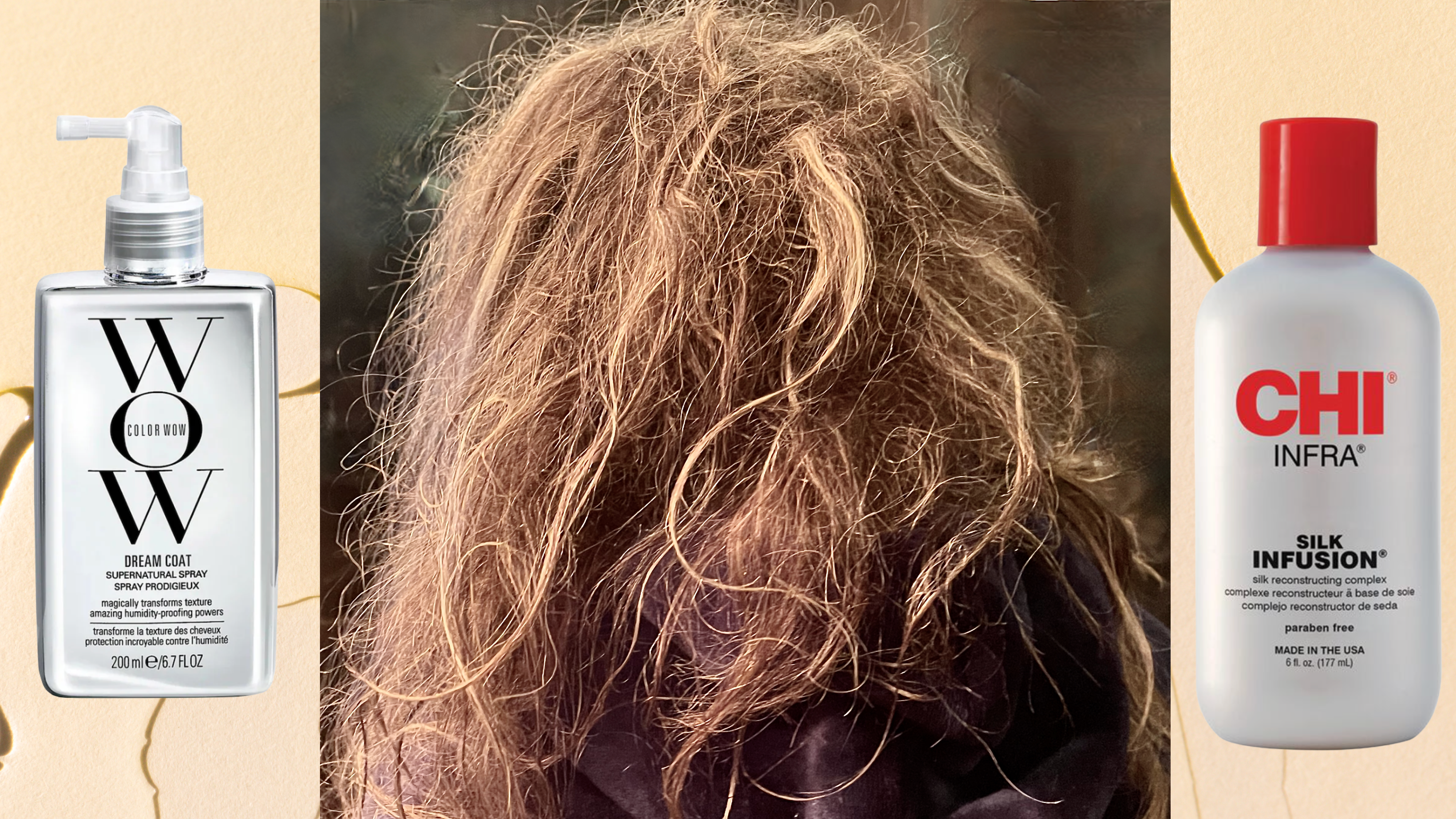 A woman with frizzy bronde hair. She is flanked by two anti-frizz treatments by Chi and ColorWow.