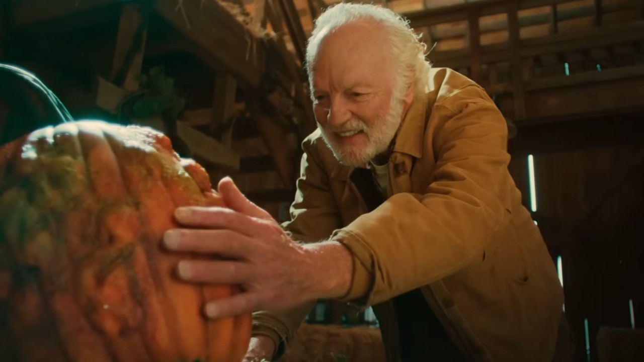 老人がカボチャを撫でる