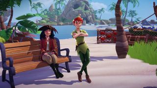 Peter Pan and character player sat on a bench in front of Skull Rock on Dazzle Beach 