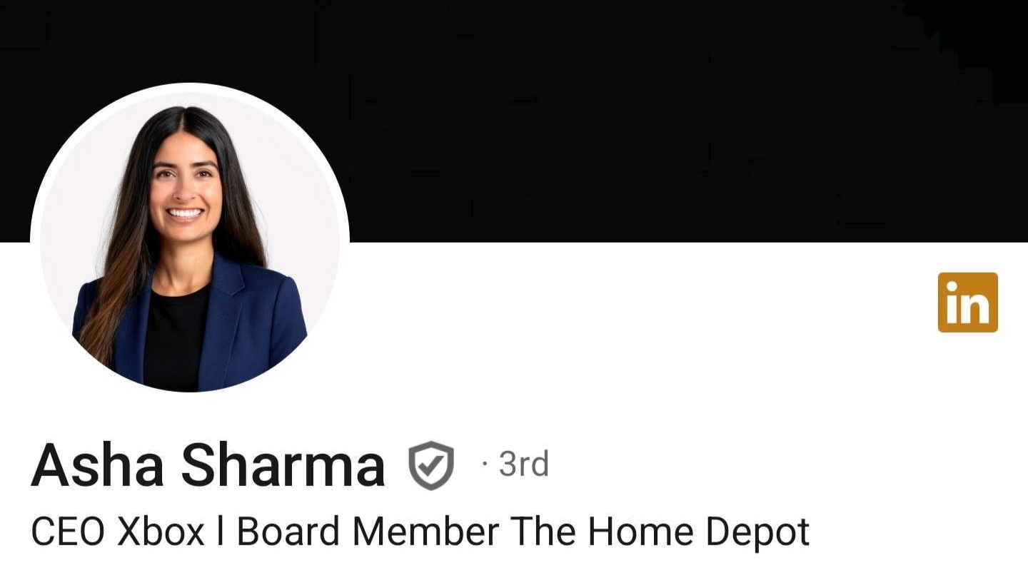 Screenshot of Asha Sharma's LinkedIn profile.